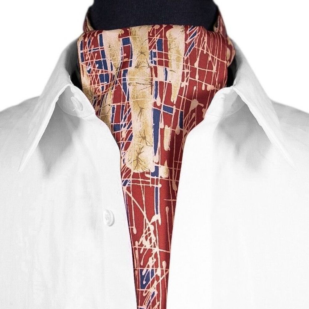 Mens Ascot Cravat Abstract Paint Splatter Burgundy Formal Wedding Necktie Scarf